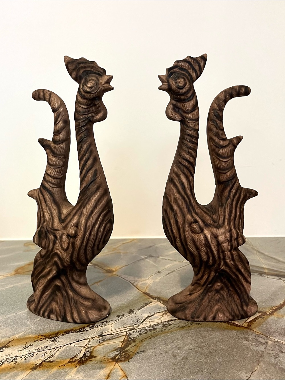 Vintage Japanese Ceramic Rooster Figurines Pair - Faux Bois Wood Grain Chickens